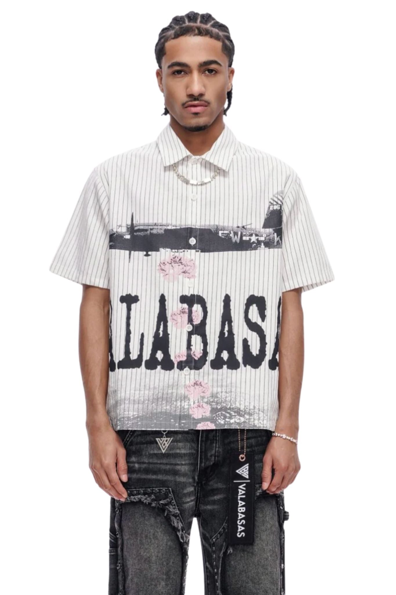 VALABASAS | Flower Bomb Pin-Striped Button-Down