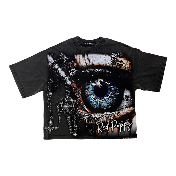 Red Poppy Vintage Black T-Shirt - Solid Color