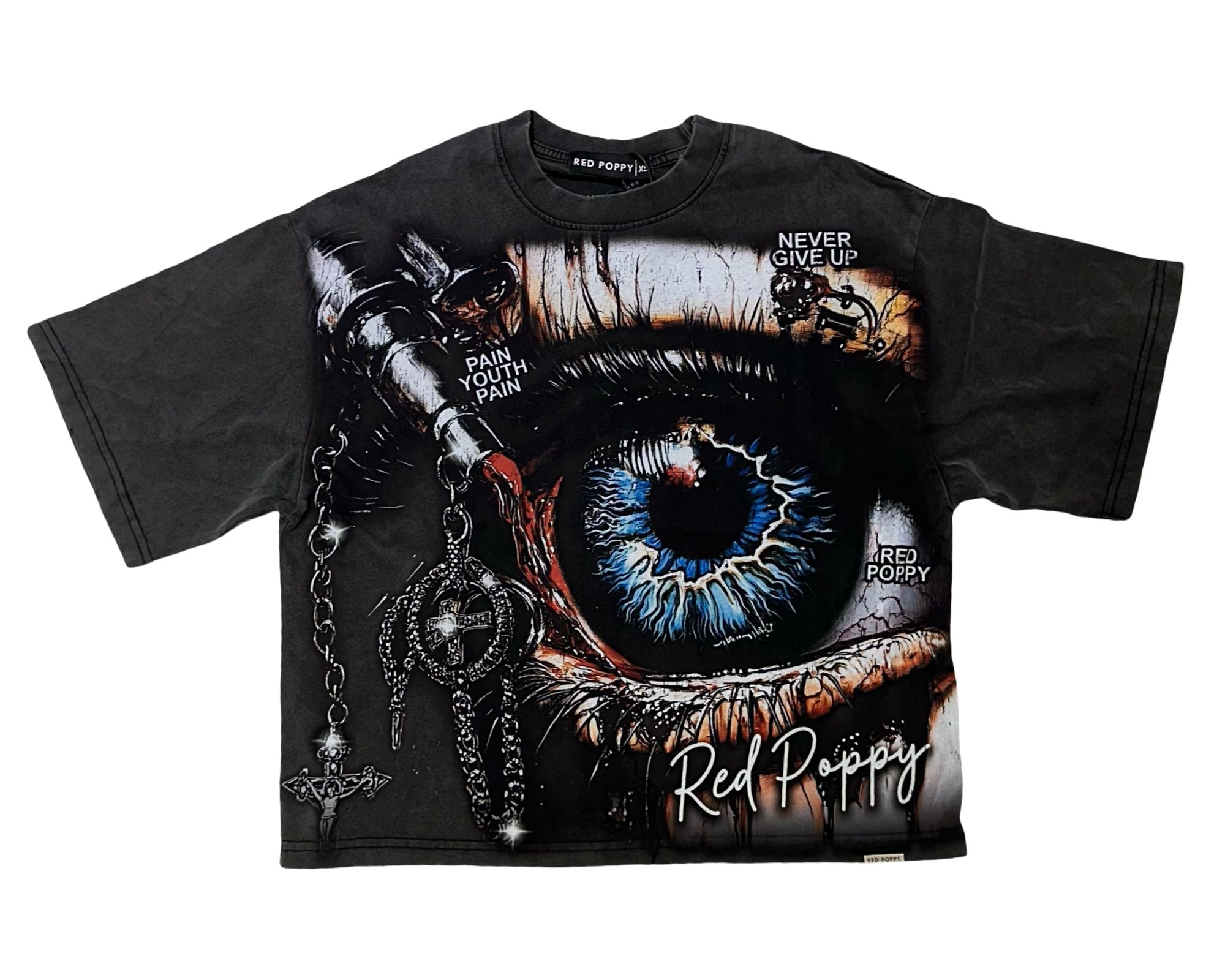 Red Poppy Vintage Black T-Shirt - Solid Color