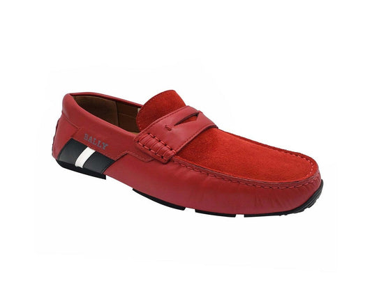 BALLY Men's Red Piotre Leather Logo Slip On Loafer Shoes
