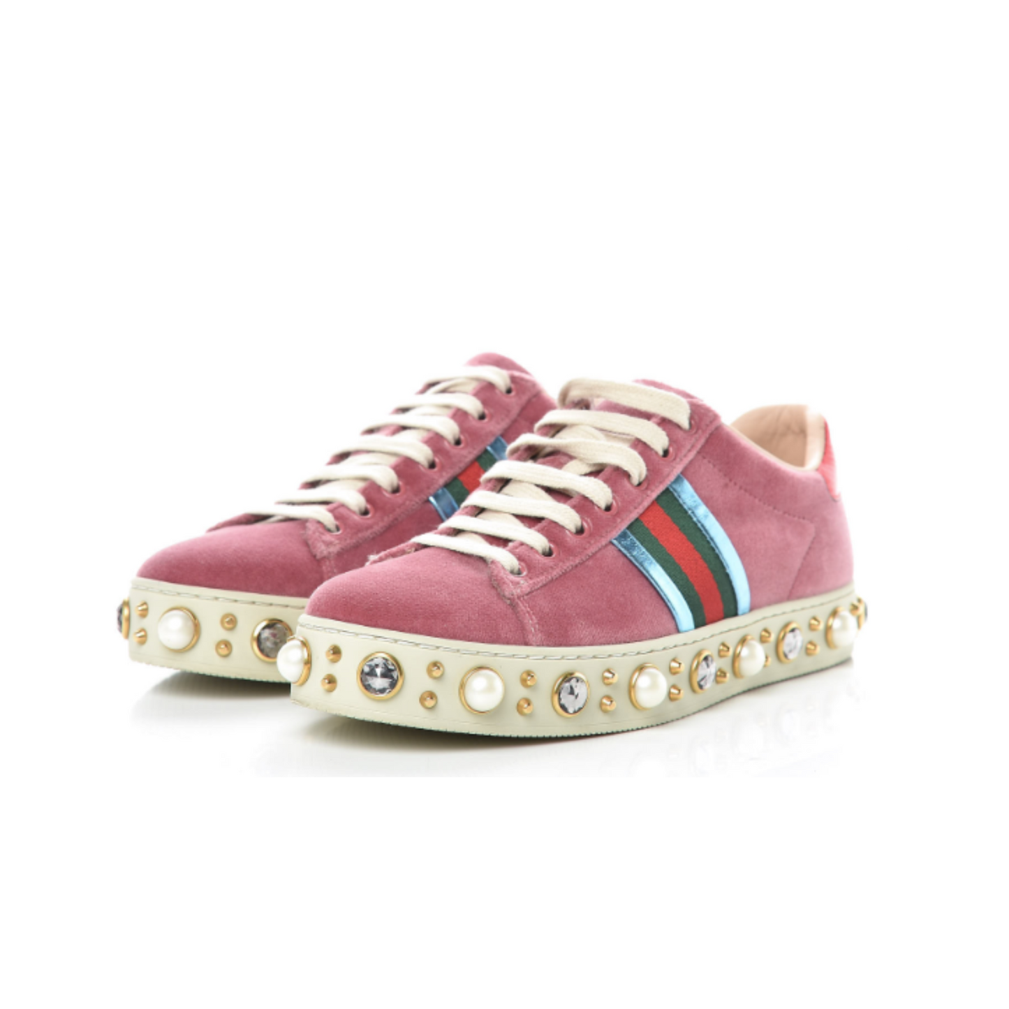 GUCCI VELVET AYERS FAUX PEARL EMBELLISHED WOMENS ACE SNEAKERS